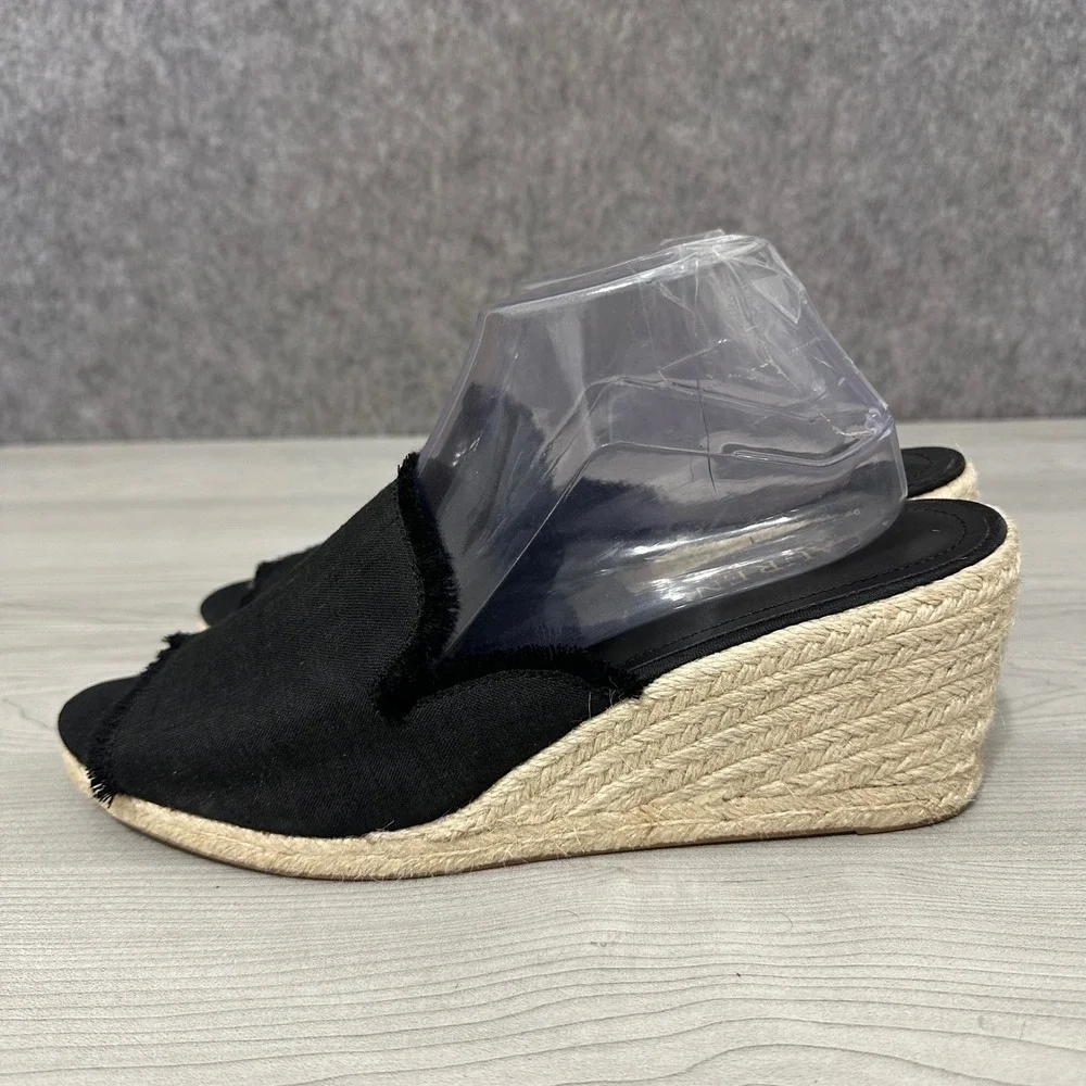 Lauren Ralph Lauren Carlynda Espadrille Wedge Women 11 Blk Linen Frayed Sandals